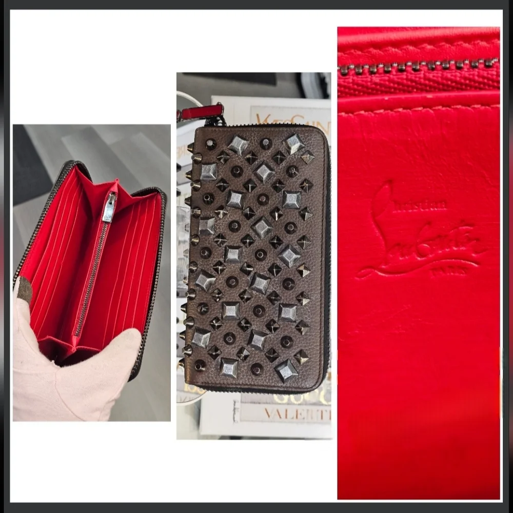 🤎Christian Louboutin Studded Panettone Zip-Around Wallet – Brown & Silver🩶 - Picture 3 of 15